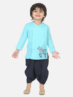Horse embroidery front open dhoti kurta-Blue