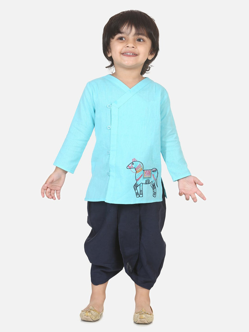 Horse embroidery front open dhoti kurta-Blue