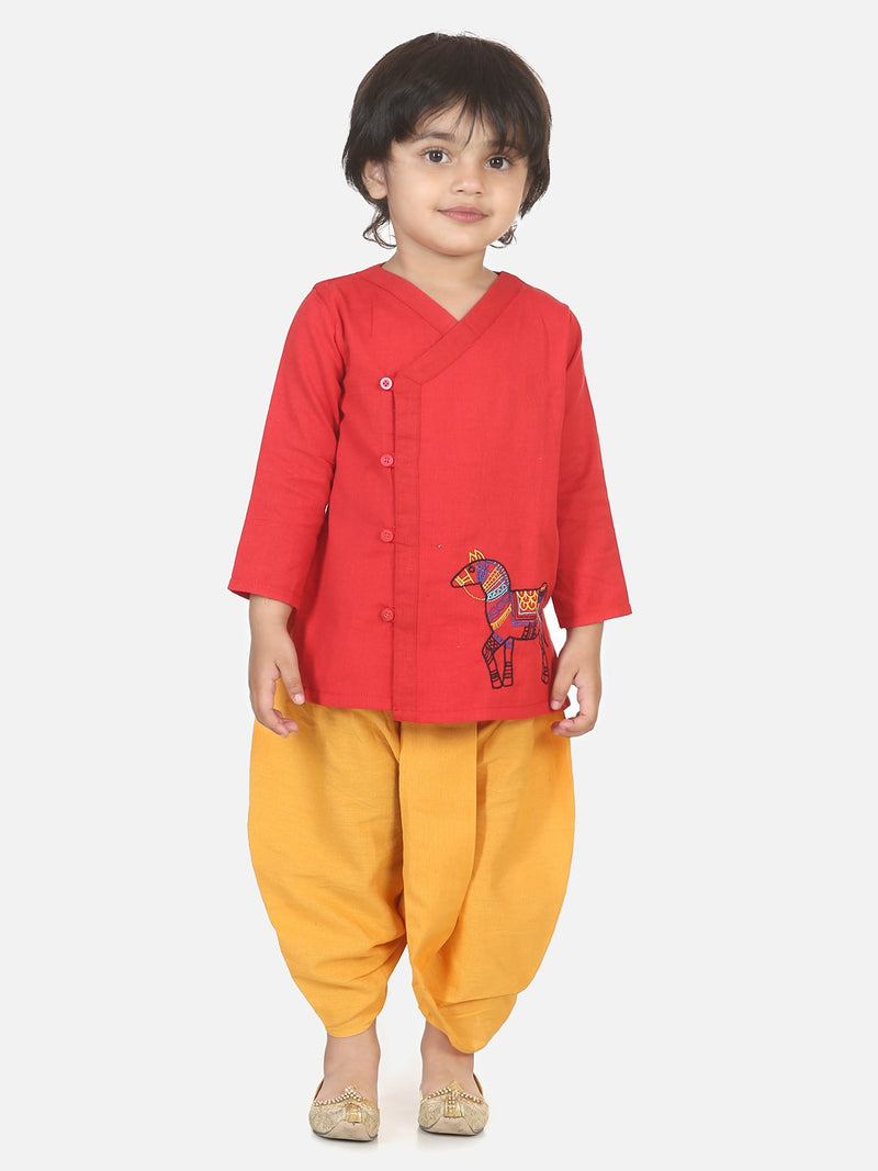 Horse embroidery front open dhoti kurta-Red