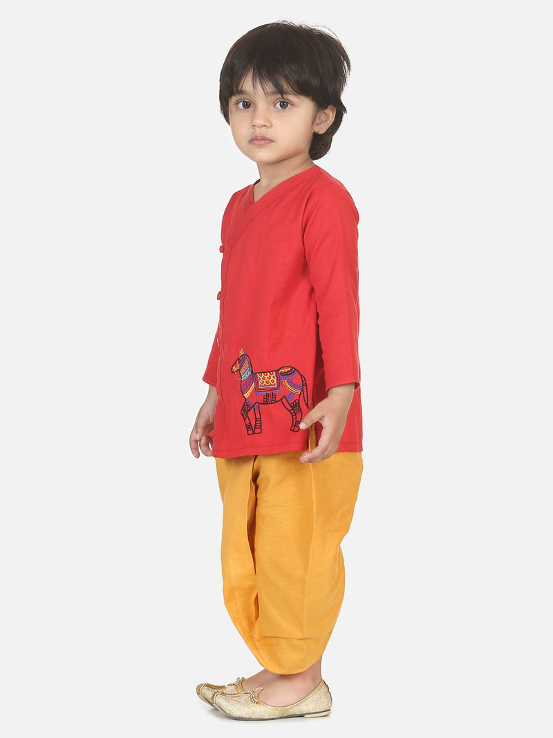 Horse embroidery front open dhoti kurta-Red