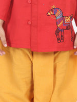 Horse embroidery front open dhoti kurta-Red