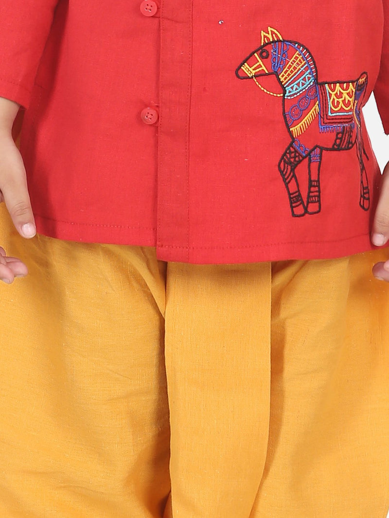 Horse embroidery front open dhoti kurta-Red