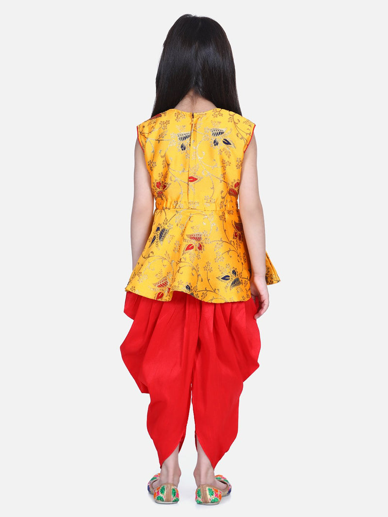 Jacquard Sleeveless Peplum With Silk Dhoti- Yellow