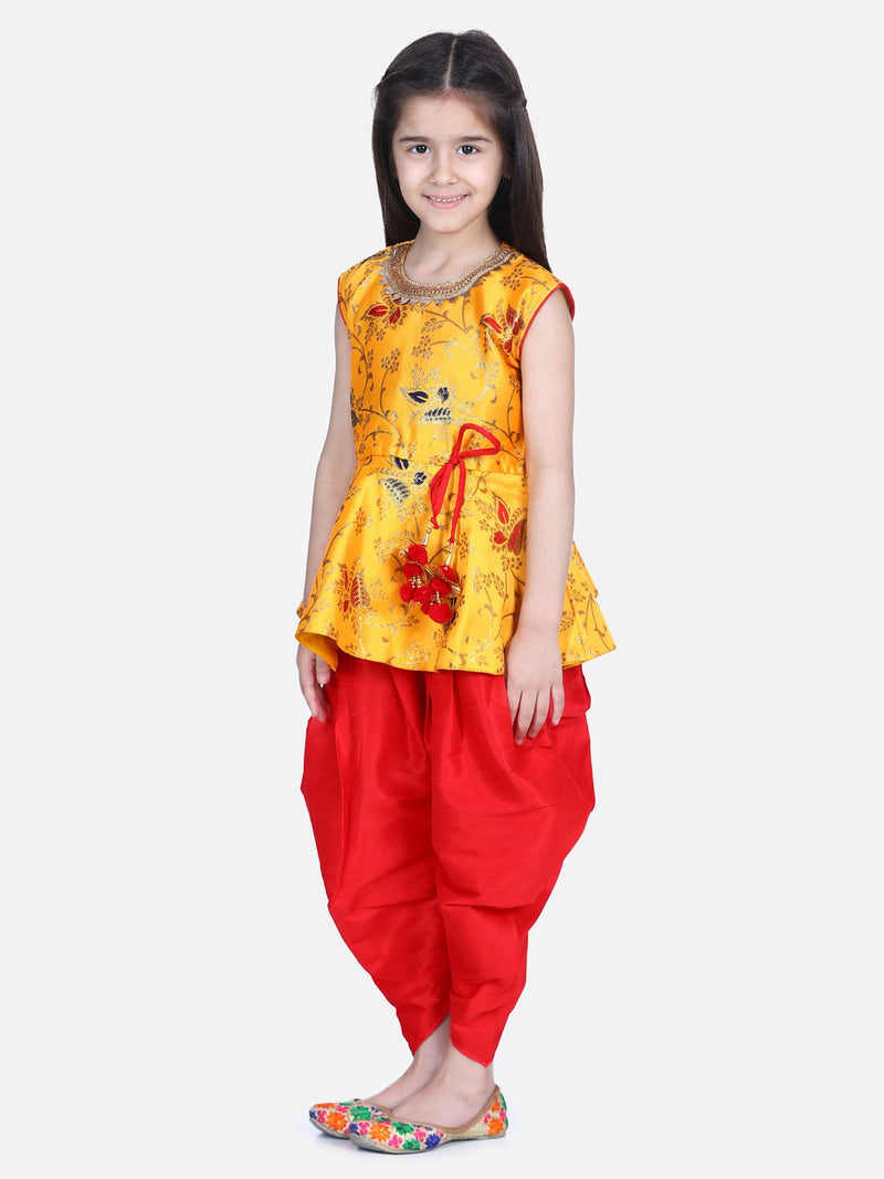 Jacquard Sleeveless Peplum With Silk Dhoti- Yellow