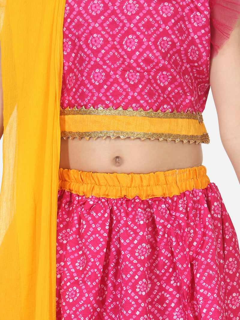 Bandhani Net pleated Sleeves Lehenga- Pink