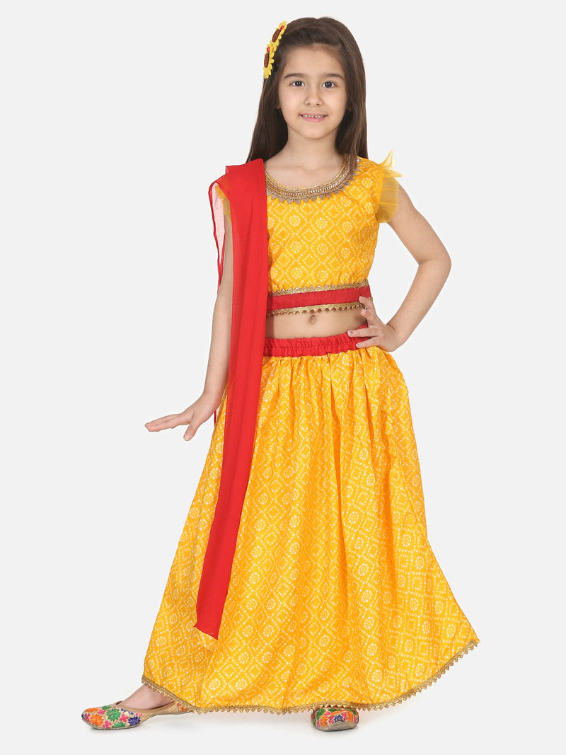 Bandhani Net pleated Sleeves Lehenga-Yellow