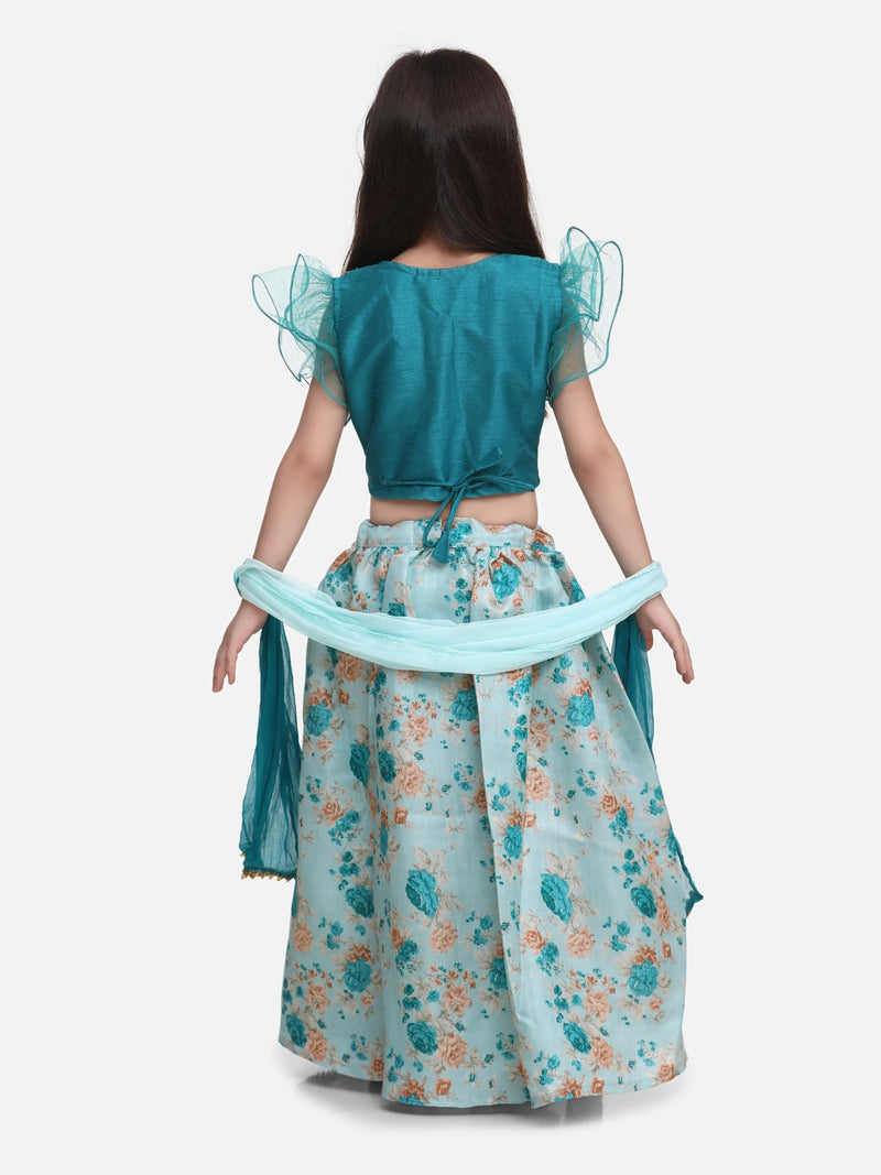 Ruffle Sleeve Collar Choli With Floral Lehenga- Green