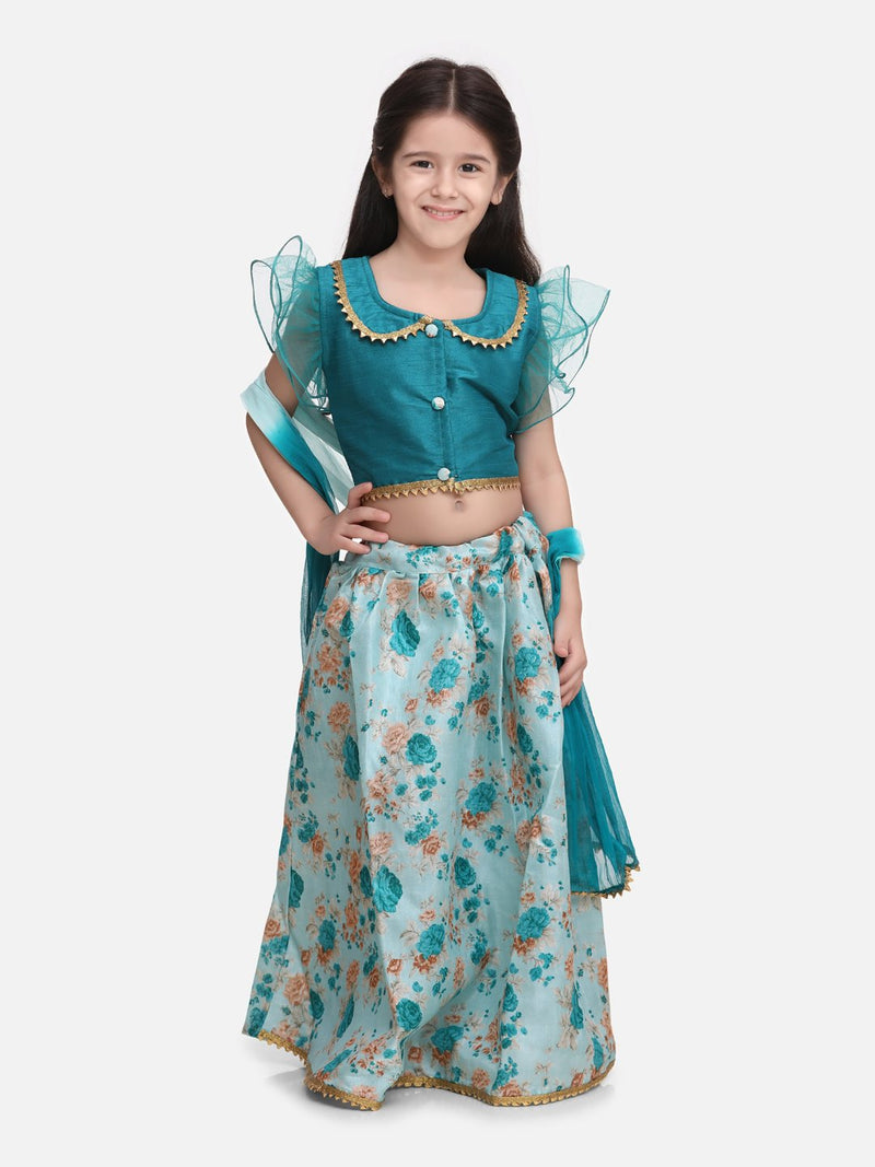 Ruffle Sleeve Collar Choli With Floral Lehenga- Green