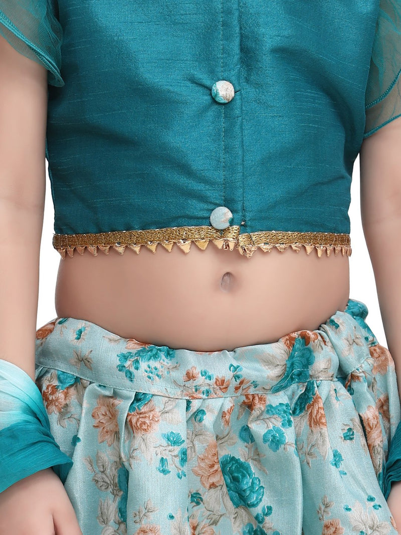 Ruffle Sleeve Collar Choli With Floral Lehenga- Green