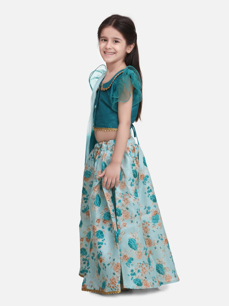 Ruffle Sleeve Collar Choli With Floral Lehenga- Green