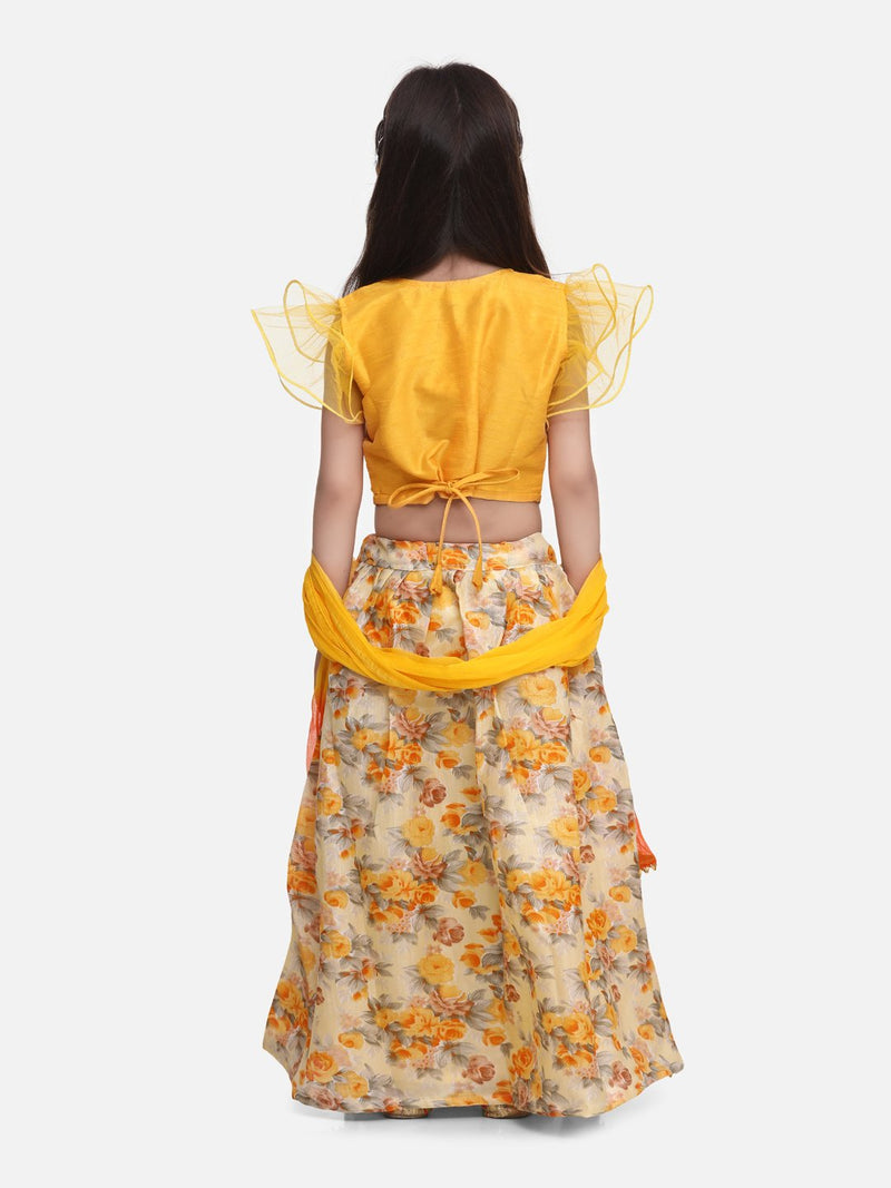 Ruffle Sleeve Collar Choli With Floral Lehenga- Yellow