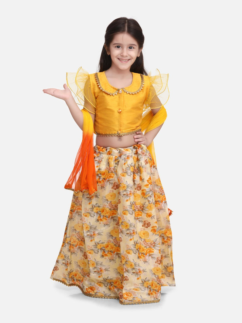 Ruffle Sleeve Collar Choli With Floral Lehenga- Yellow