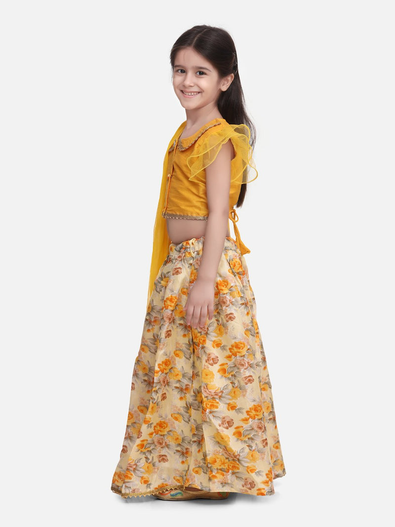 Ruffle Sleeve Collar Choli With Floral Lehenga- Yellow