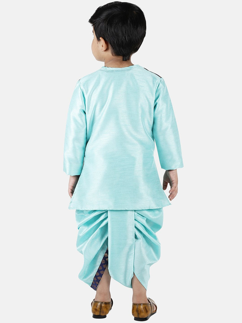 Attached Jacket Jacquard Dhoti Kurta For Baby Boys- Sky Blue