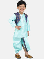 Attached Jacket Jacquard Dhoti Kurta For Baby Boys- Sky Blue