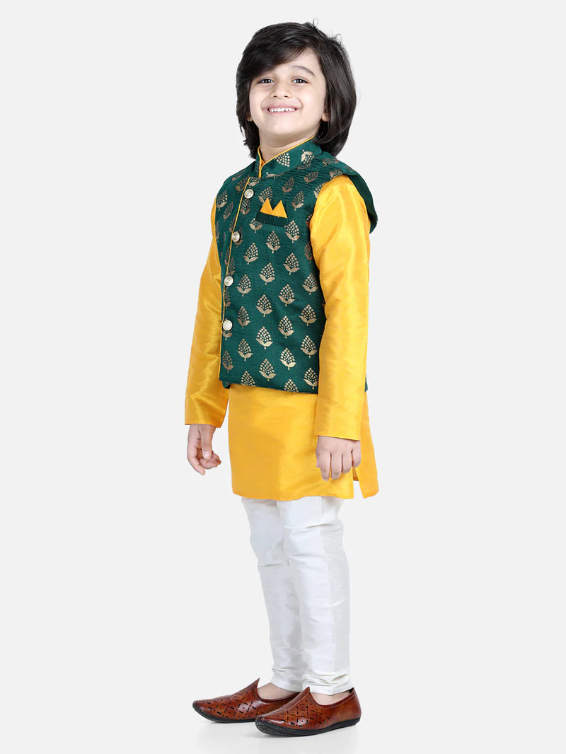 Silk Kurta Pajama With Jacquard Jacket for Boys (3 Piece Set) - Green