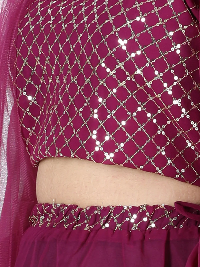Sequin Georgette Off Shoulder Top with Lehenga-Wine