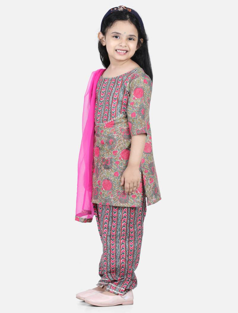Pure Cotton Printed Kurti with Pant for Girls - Green