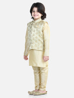 Silk Kurta Pajama With Jacquard Jacket for Boys (3 Piece Set) - Beige