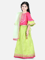 Printed Cotton Frill Sleeves Top with Lehenga for Girls- Pink