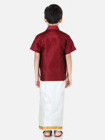 South Indian Mundu Dhoti with Half Sleeve Silk Shirt for Boys- Maroon