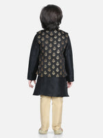 BownBee  3 Piece Jacquard Jacket Silk Kurta Pajama for Boys - Black