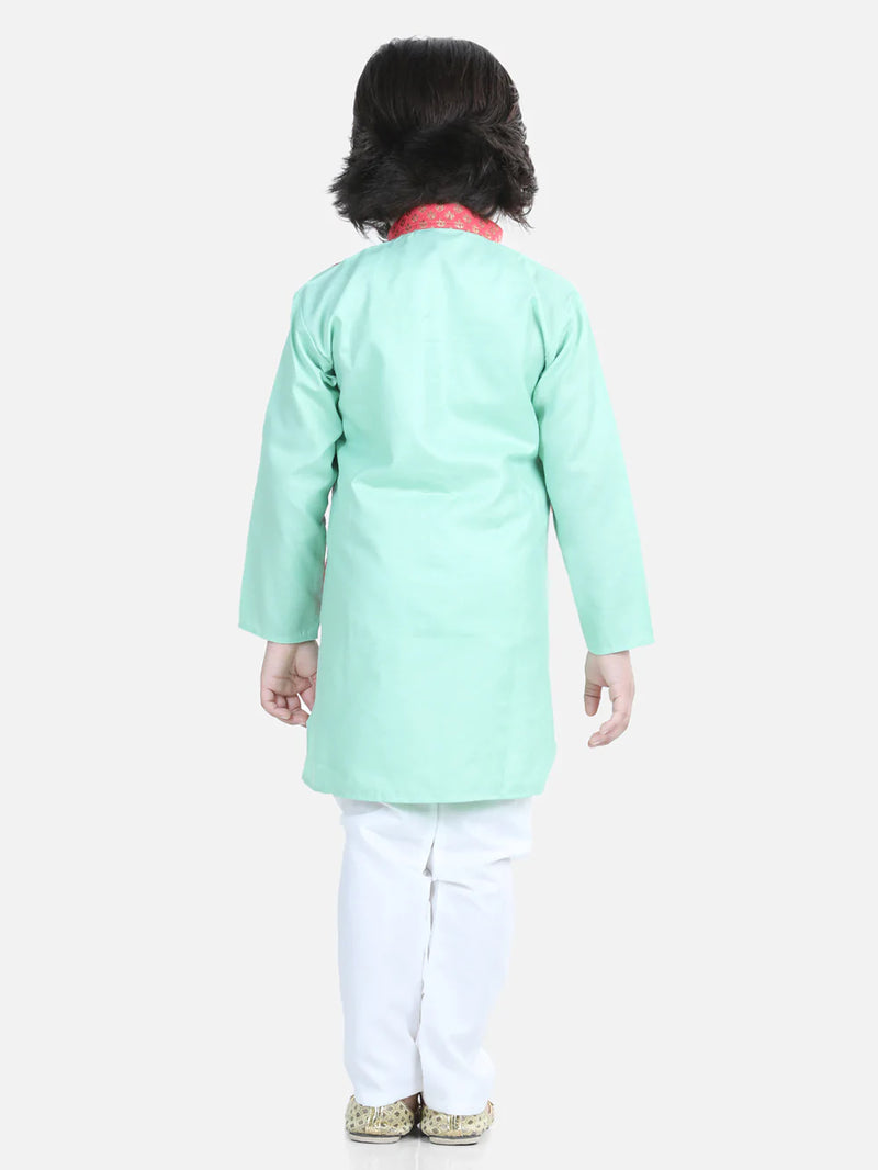 Attached Jacquard Jacket Kurta Pajama for Boys- Green