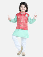 Attached Jacquard Jacket Kurta Pajama for Boys- Green