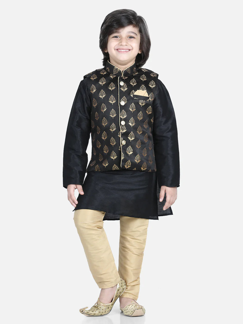 BownBee  3 Piece Jacquard Jacket Silk Kurta Pajama for Boys - Black