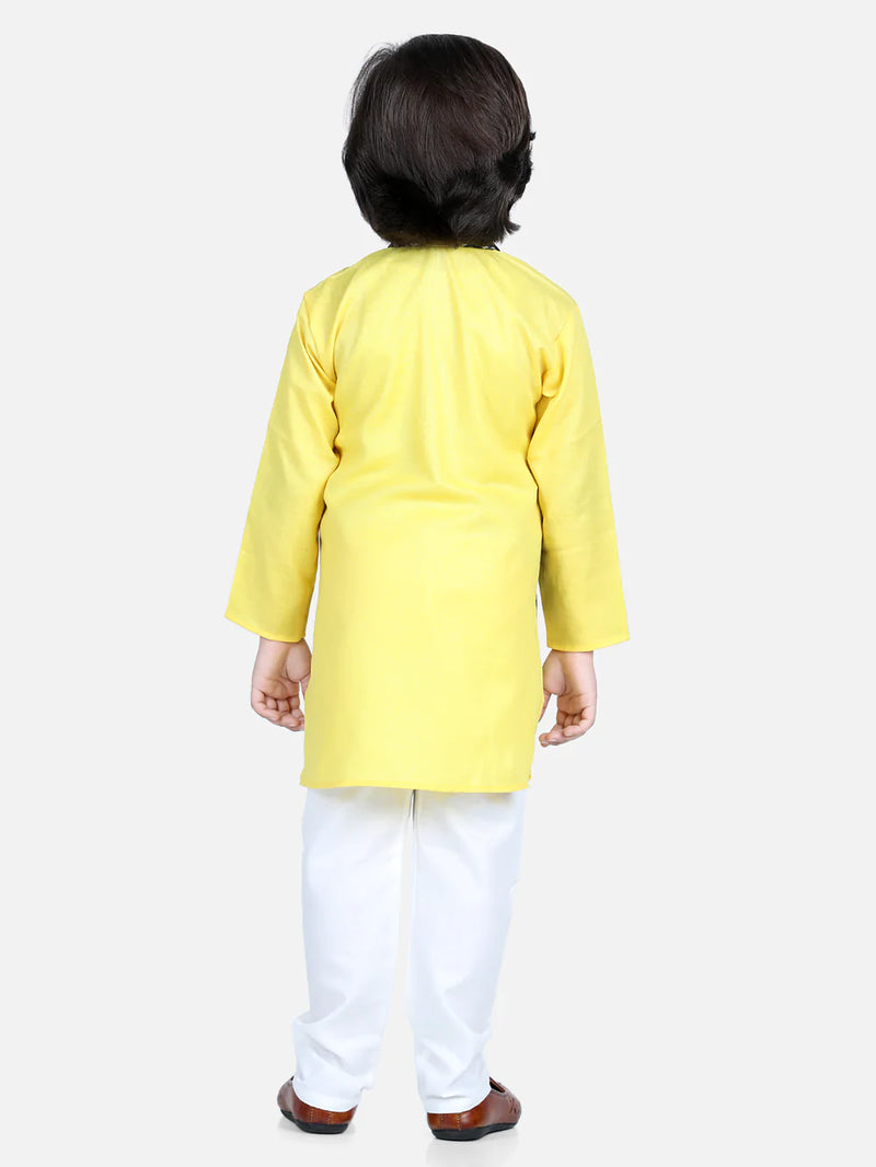 Attached Jacquard Jacket Kurta Pajama for Boys- Yellow