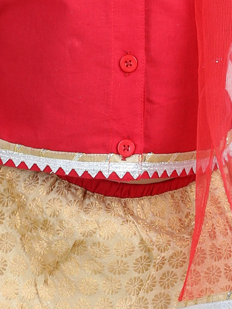 Front Open Cotton Top with Jacquard Lehenga for Girls- Red