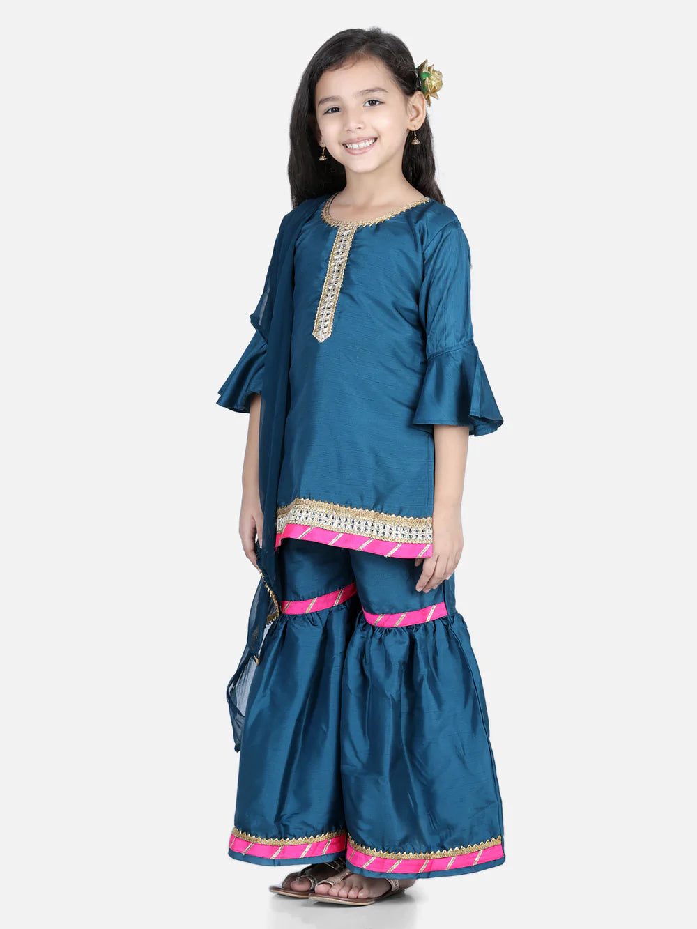 Bell Sleeve Kurti Sharara Dupatta for Girls- Blue