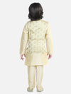 Silk Kurta Pajama With Jacquard Jacket for Boys (3 Piece Set) - Beige