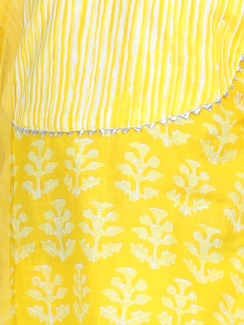 Pure Cotton Printed Kurti with Pant for Girls- Yellow