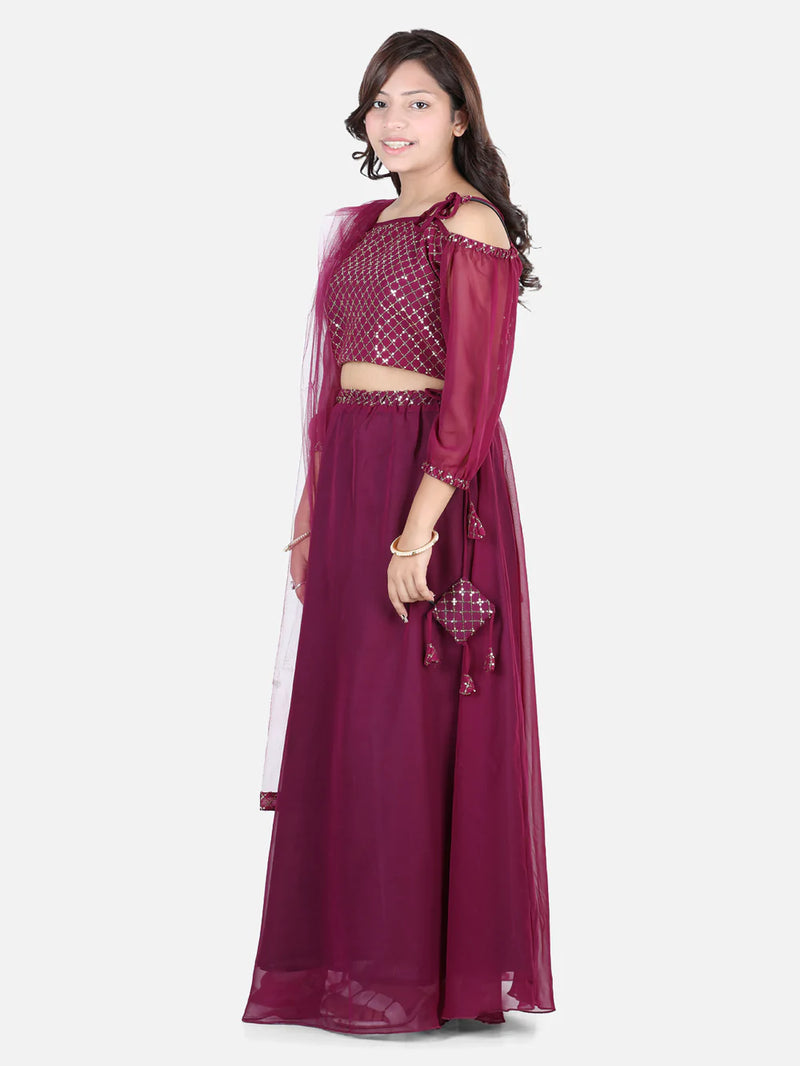 Sequin Georgette Off Shoulder Top with Lehenga-Wine
