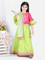 Printed Cotton Frill Sleeves Top with Lehenga for Girls- Pink