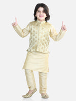 Silk Kurta Pajama With Jacquard Jacket for Boys (3 Piece Set) - Beige