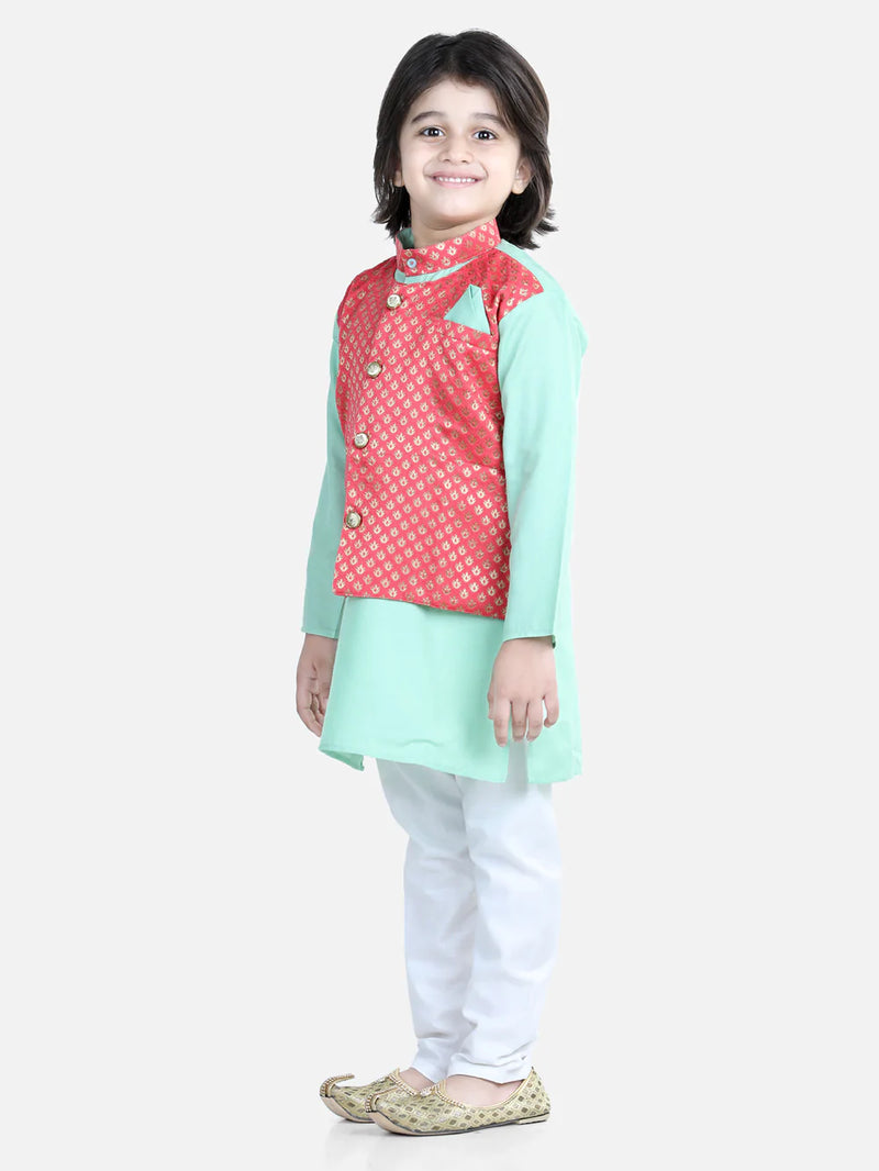 Attached Jacquard Jacket Kurta Pajama for Boys- Green