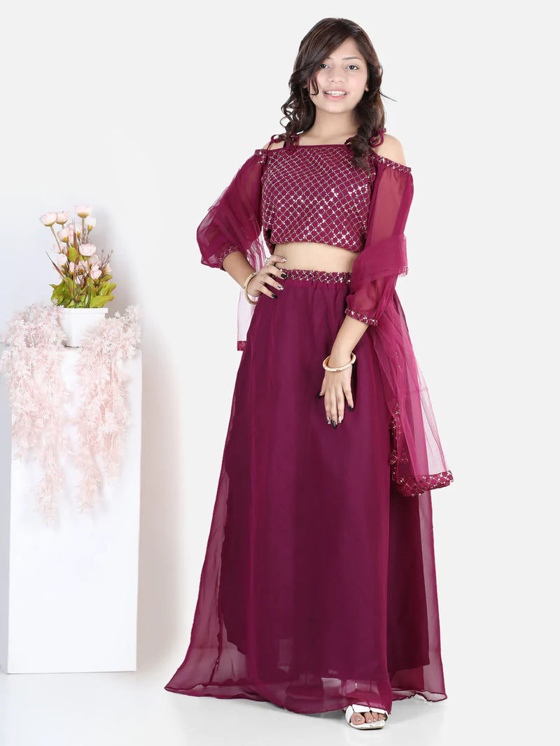 Sequin Georgette Off Shoulder Top with Lehenga-Wine