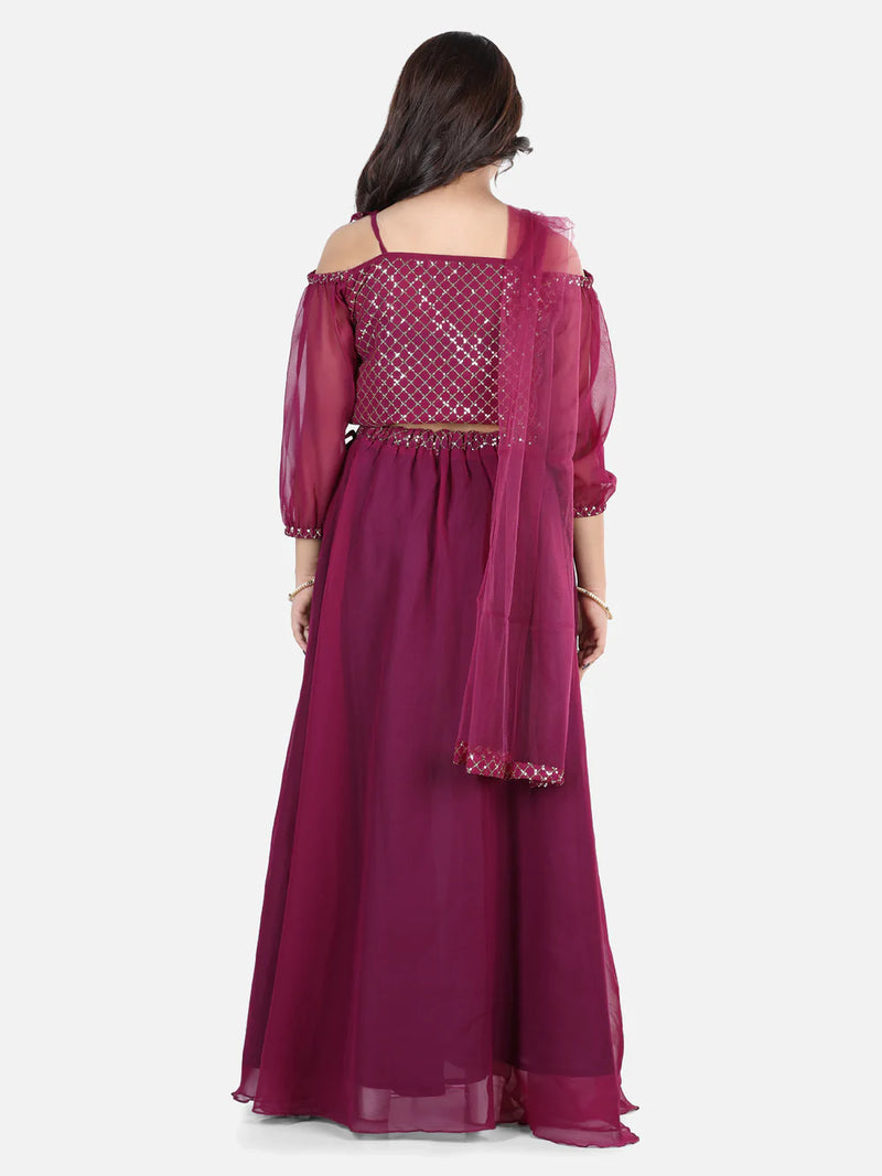 Sequin Georgette Off Shoulder Top with Lehenga-Wine