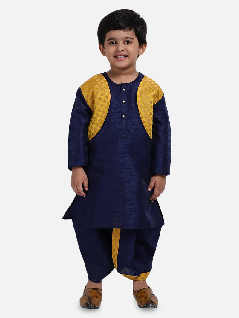 Attached Jacket Jacquard Dhoti Kurta For Baby Boys- Navy Blue